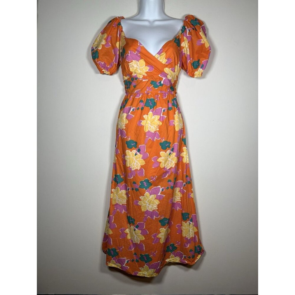 PETAL + PUP Neon Gardens‎ Floral Midi Dress Size 2 Orange Yellow Resort Summer